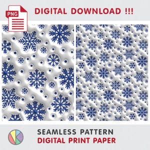 Può includere: Due motivi senza cuciture con sfondo bianco e disegni di fiocchi di neve blu. Il testo "DIGITAL DOWNLOAD !!!" e "SEAMLESS PATTERN DIGITAL PRINT PAPER" sono visualizzati.