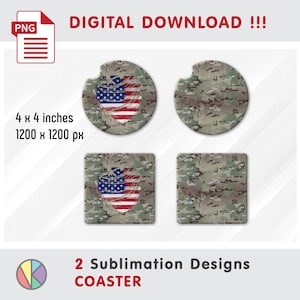 Puede incluir: Descarga digital de dos diseños de sublimación para posavasos. Un diseño presenta un patrón de camuflaje con una bandera estadounidense, y el otro es un patrón de camuflaje a juego. Los posavasos miden 10,16 x 10,16 cm.