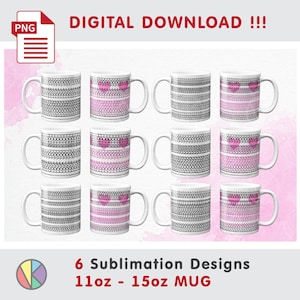 Könnte beinhalten: Eine Sammlung weißer Keramikbecher mit verschiedenen schwarzen und rosa geometrischen Designs. Die Becher sind in den Größen 312 ml und 425 ml erhältlich. Das Bild enthält den Text "DIGITAL DOWNLOAD !!!" und "6 Sublimation Designs".