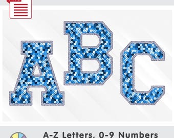 May include: Digital download featuring the letters A, B, and C. The letters are filled with blue sequins and edged with silver glitter. The image also includes the text "DIGITAL DOWNLOAD !!!" and "A-Z Letters, 0-9 Numbers ALPHA SET DESIGN."