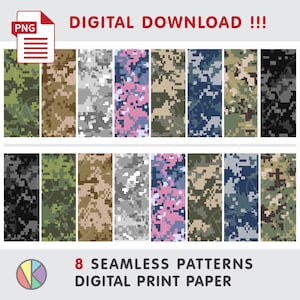 Puede incluir: Descarga digital que presenta ocho patrones de camuflaje sin costuras en varios esquemas de color, incluyendo verde, marrón, gris, rosa y azul. Los patrones están pixelados y son adecuados para papel de impresión digital. El texto "DIGITAL DOWNLOAD !!!" y "8 SEAMLESS PATTERNS DIGITAL PRINT PAPER".
