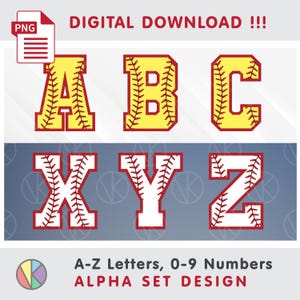 Peut inclure: Graphique numérique téléchargeable avec les lettres A, B, C, X, Y et Z. Les lettres sont conçues pour ressembler à des balles de baseball, avec des coutures jaunes et rouges. Le texte "DIGITAL DOWNLOAD !!!" et "A-Z Letters, 0-9 Numbers ALPHA SET DESIGN" est également inclus.
