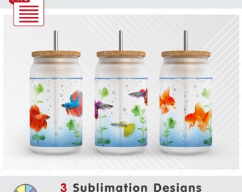 3 Aquarium Fish Seamless Patterns - 16oz Glass Libbey Can - Sublimation - PNG - Full wrap