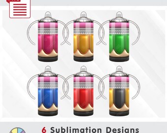 6 Puffy Inflated School Pencil Patterns - 12oz Sippy Cup - Seamless Sublimation - PNG - Full wrap