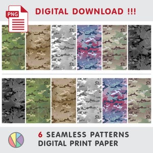Puede incluir: Gráfico de descarga digital con 12 patrones de camuflaje en varios esquemas de color, incluyendo verde, marrón, gris y azul. Se muestra el texto "DIGITAL DOWNLOAD !!!" y "6 SEAMLESS PATTERNS DIGITAL PRINT PAPER".