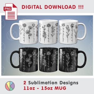 Puede incluir: Seis tazas de cerámica, tres blancas y tres negras, cada una adornada con un diseño floral y la frase "fuck this shit". Las tazas presentan varias ilustraciones de flores en blanco y negro. La imagen también incluye el texto "DIGITAL DOWNLOAD !!!" y "2 Sublimation Designs 11oz - 15oz MUG."