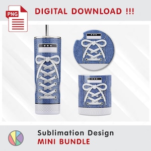 Puede incluir: Un mini paquete de diseño de sublimación con un vaso, un posavasos y un pequeño objeto cuadrado. Cada artículo tiene una textura de mezclilla con cordones blancos y una suela blanca. El texto "DIGITAL DOWNLOAD !!!" está en la parte superior.