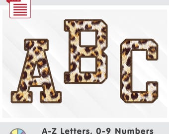 May include: Digital download graphic of the letters A, B, and C in a leopard print design. The letters are outlined in a dark brown color. The image also includes the text "DIGITAL DOWNLOAD !!!" and "A-Z Letters, 0-9 Numbers ALPHA SET DESIGN".