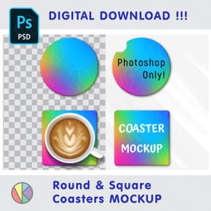 Coaster Mockup: Round & Square Dye Sublimation PSD Photoshop Mockup  (Digital Download)