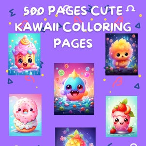 May include: A purple background with the text "500 PAGES CUTE KAWAII COLLORING PAGES." The image features several cute, cartoon-style illustrations of desserts and characters, including a cupcake, a donut, and a strawberry.