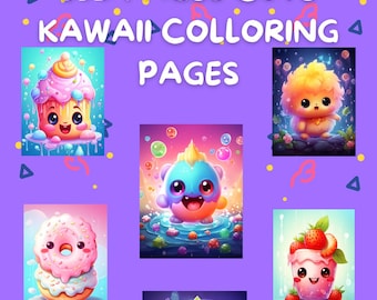 May include: A purple background with the text "500 PAGES CUTE KAWAII COLLORING PAGES." The image features several cute, cartoon-style illustrations of desserts and characters, including a cupcake, a donut, and a strawberry.