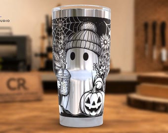 30 oz Spooky Season Tumbler, Cute Ghost Holding Coffee Cup, Engraved Halloween Stainless Steel Cup, Fall Gift for Coffee Lovers