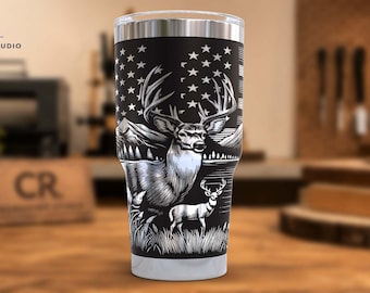 30 oz Engraved Deer Tumbler, Wildlife Scene, Stainless Steel Drinkware, Hunter Gift
