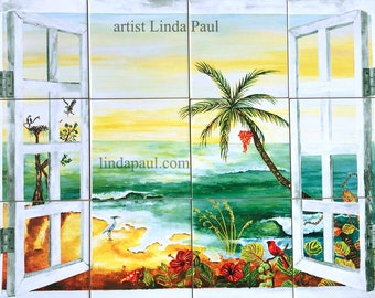 Tropical Paradise Florida Tile Mural Kitchen Backsplash of beach palm trees birds in 3 sizes on 6" x 6"  ceramic tiles
