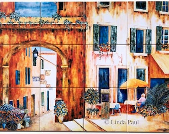 French Kitchen Tile Mural backsplash of provence town, cafe, flowers in 3 sizes on 6" x 6" tiles