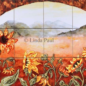 Sunflower Field Tile Mural Kitchen Backsplash of Sunflowers and western mountains by artist Linda Paul