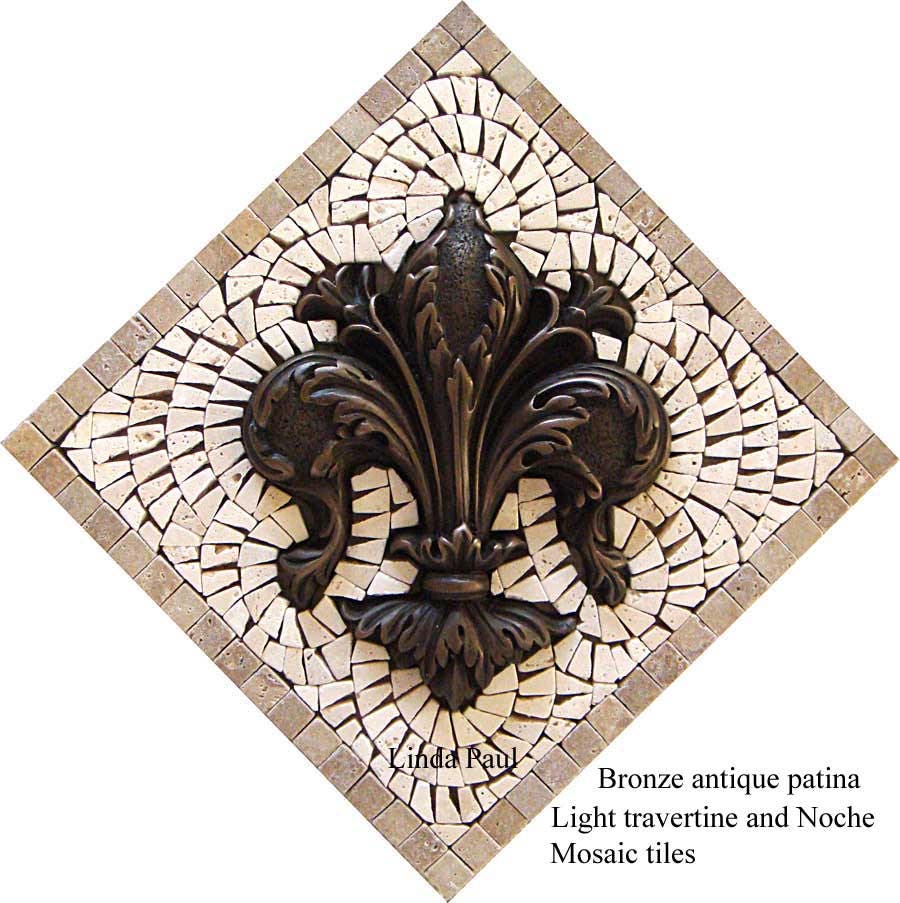 Fleur de Lis Backsplash Mosaic Kitchen Tile Medallion - Bronze Oil Rubbed or Antique travertine mosaics