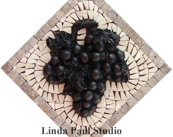 Grapes Kitchen backsplash mosaic and metal tile medallion bronze grape and travertine tiles