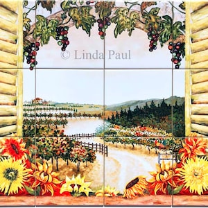 Sunflowers in The Vines Tile Mural Kitchen Backsplash with Sunflower Window and vineyard in 6 sizes