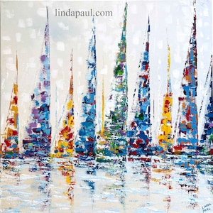 Sailboats Paintings of Colorful Sailboats original Abstract Art Painting image 1