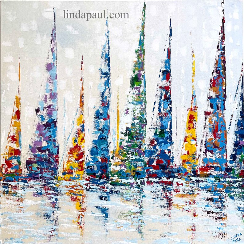 Sailboats Paintings of Colorful Sailboats original Abstract Art Painting image 1