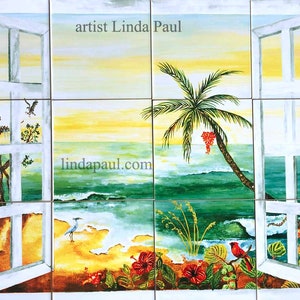 Tropical Tile Mural of beach view, ocean, palm tree and birds large and small sizes on 6&quot; x 6&quot;  ceramic tiles