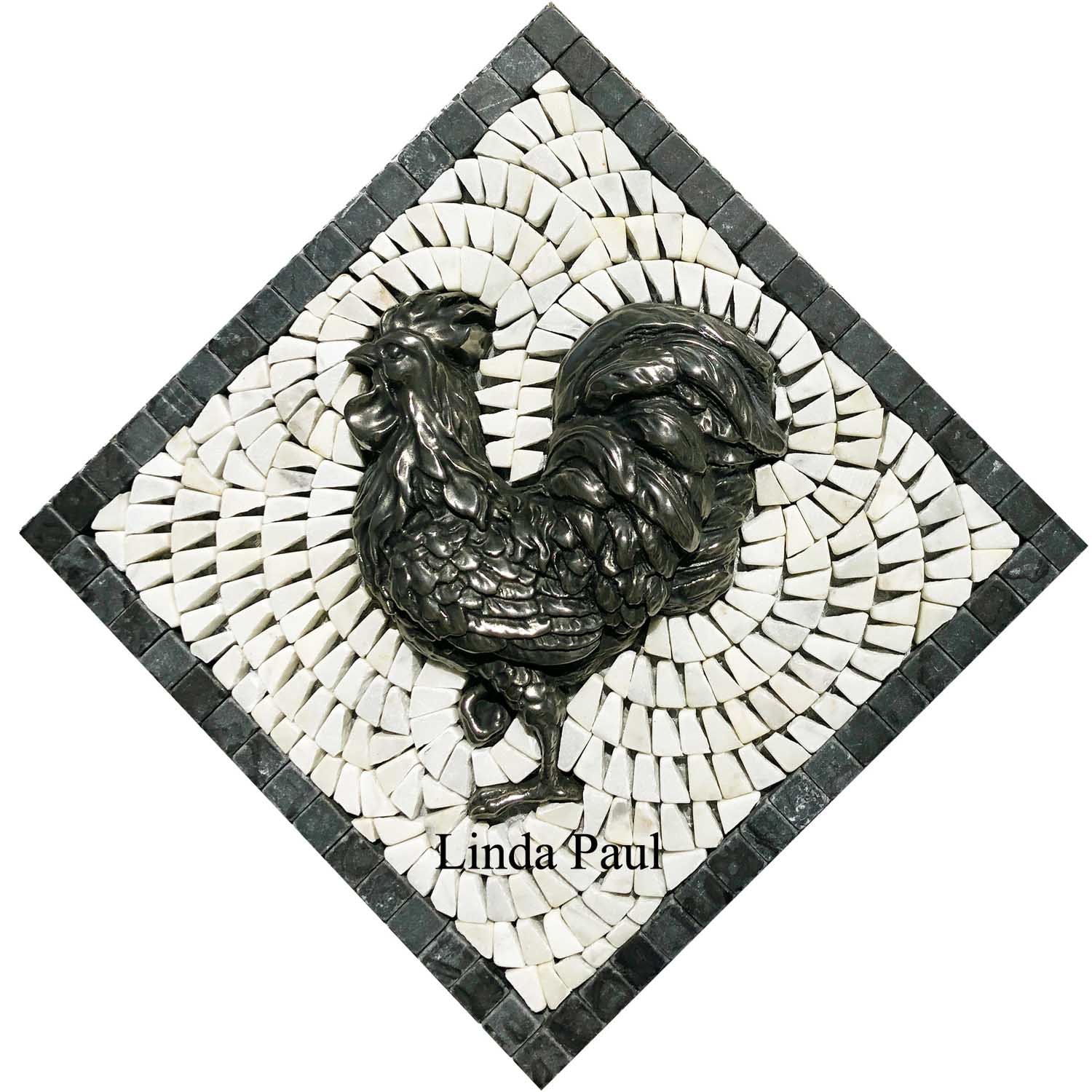 Rooster kitchen back splash small tile medallion nickel silver, white and black marble mosaic and metal centerpiece