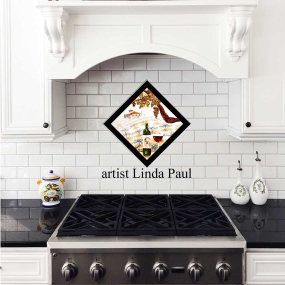 Italian Wine Tile Mural One Piece Backsplash Framed Decorative Kitchen Art