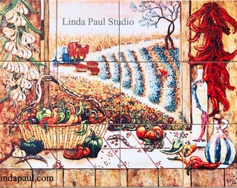 Mexican Tile  Backsplash Mural of chili peppers farm by artist Linda Paul  4 sizes