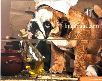 Bulldog in the Kitchen Backsplash Tile Mural by artist Linda Paul