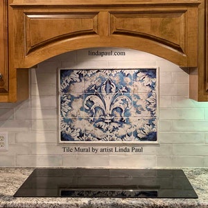 Fleur de lis Ceramic Tile Backsplash Mural french country blue and white  artist Linda Paul 7 sizes