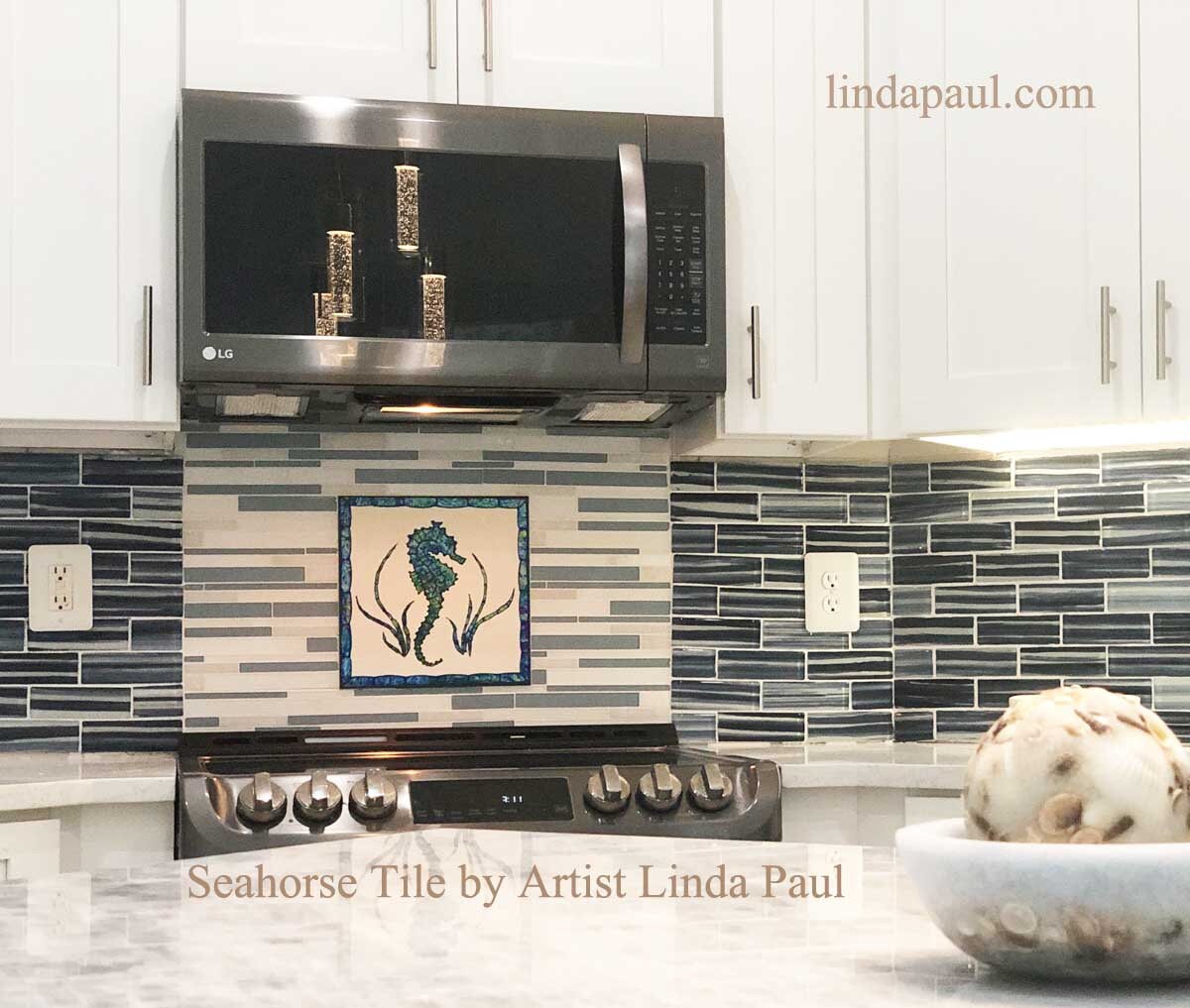 Seahorse Ceramic Tiles for Kitchen or Bathroom Blue and White Ocean