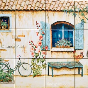 French Country Kitchen Backsplash of bike, rooster, wisteria old wall in 4 sizes on 6&quot; x 6&quot;  ceramic tiles