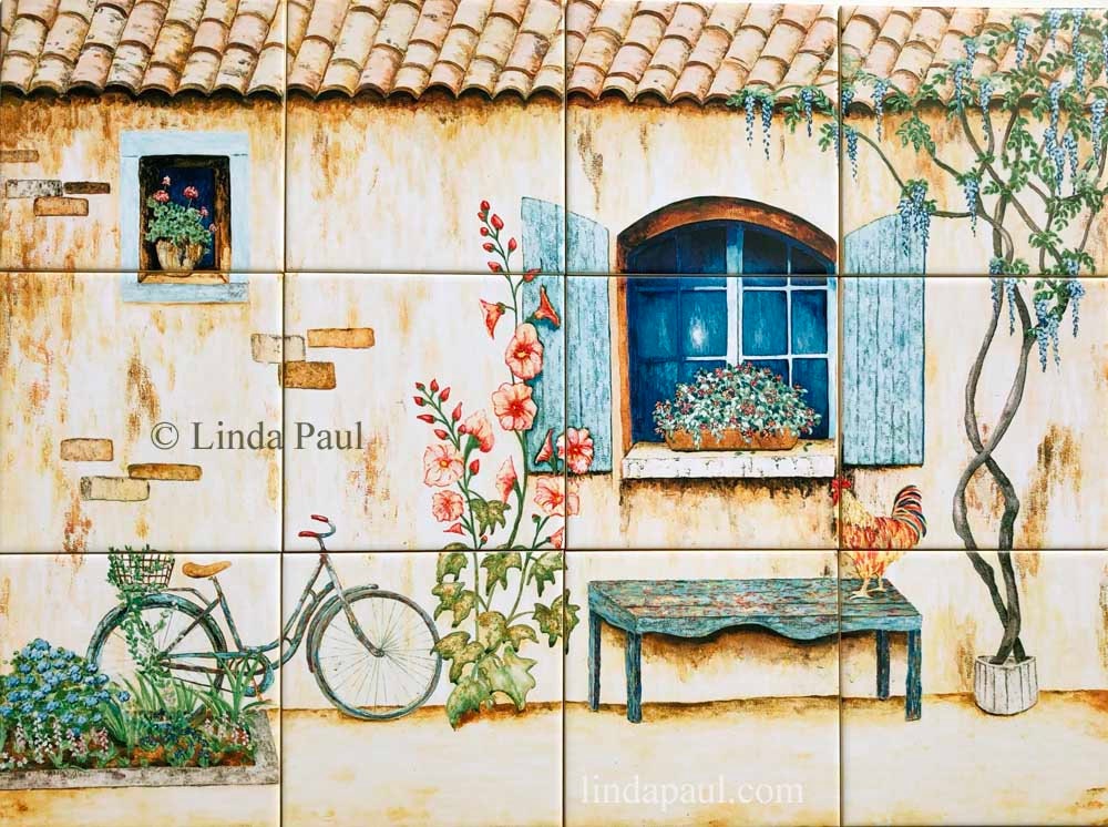 French Country Kitchen Backsplash of bike, rooster, wisteria old wall in 4 sizes on 6