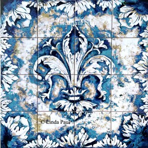Fleur De Lis Ceramic Tile Backsplash Mural French Country Blue and