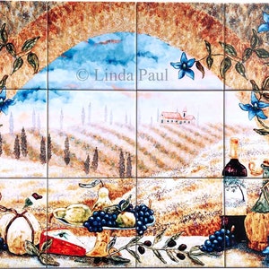 Italian Tuscan Kitchen Tile Mural back splash Tuscany Landscape and Wine 6 sizes