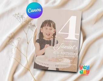 Invitación de cuarto cumpleaños, invitación con foto minimalista, invitación con foto, plantilla Canva de invitación con foto de cuarto cumpleaños, descarga instantánea