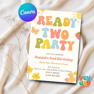 Ready Two Party, summer 2nd birthday, 2nd birthday girl, Custom party invite, Spring Birthday Invite, Canva Template, Instant Download