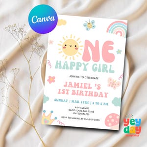 One Happy Girl 1st Birthday Invite, Sun birthday invite, Happy Girl Invite Sunshine Birthday, One year old Canva Template, Instant Download