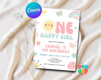 One Happy Girl 1st Birthday Invite, Sun birthday invite, Happy Girl Invite Sunshine Birthday, One year old Canva Template, Instant Download