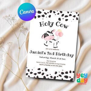 Holy Cow 2nd birthday, Editable Cow 2nd birthday girl, Printable Custom party invite, Holy Cow invitation, Canva Template, Instant Download
