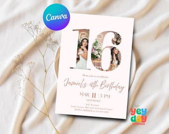 Invitación para 16 cumpleaños, invitación con foto para dulces dieciséis, invitación para 16 años de mujeres, invitación para adolescentes, plantilla de Canva, descarga instantánea