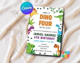 Dinosaur Boy 4th Birthday Invitation, Dino Four Dino Birthday Invite, Dinosaur Party Invitation, Canva Template, Instant Download