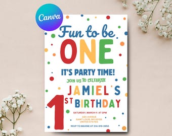 Invitación de primer cumpleaños "Fun to be One", invitación colorida, primer cumpleaños de bebé, plantilla de Canva, descarga instantánea