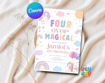 Unicorn 4th Birthday, Four Ever Magical, Girls 4th Birthday, Magical Birthday, Unicorn Party Invite, Canva Template, Instant Download