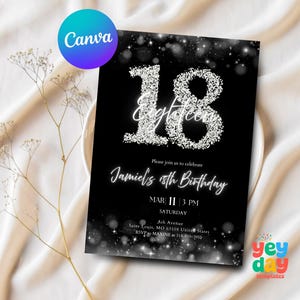 18th Birthday Invite, Glitter 18 year old birthday, Elegant Eighteenth birthday, 18th birthday party, Canva Template, Instant Download