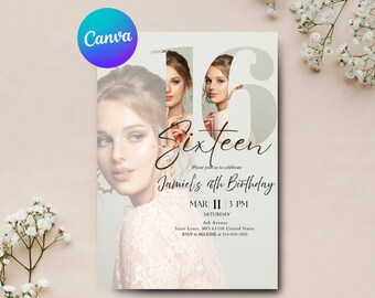 Invitación para 16 cumpleaños, invitación con foto para dulces dieciséis, invitación para 16 años de mujeres, invitación para adolescentes, plantilla de Canva, descarga instantánea