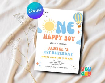 Ein glücklicher Junge 1. Geburtstag einladen, Junge 1. Geburtstag Einladung, Sunshine Geburtstag, Canva Vorlage, Sofort Download