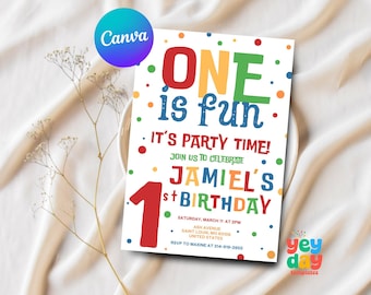 Invitación de primer cumpleaños "One is Fun", primer cumpleaños de niño y niña, invitación colorida con confeti, primer cumpleaños de bebé, plantilla de Canva, descarga instantánea