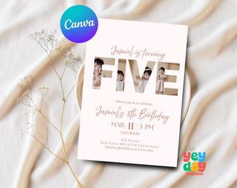 5th Birthday Invite, Minimalist 5th Birthday Photo Invitation, 5 year old birthday, 5 year old girl, Canva Template, Instant Download